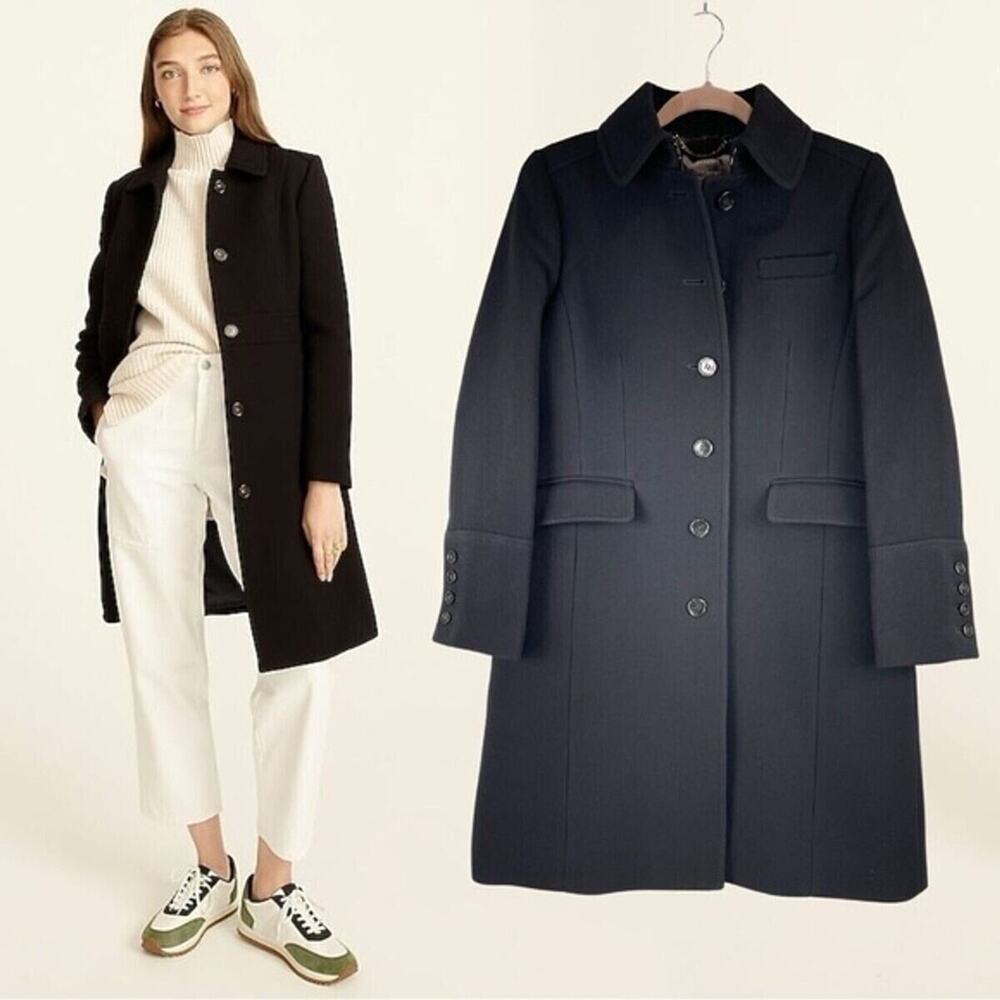 J. CREW Black Double Cloth Metro Coat Italian Wool Lady Coat Buttons Collar 6